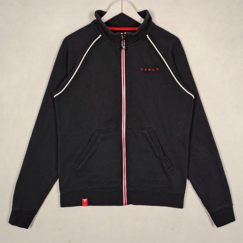 Tesla Motors Mens Full Zip Track Jacket Black Red Logo Fleece Sweatshirt Size M